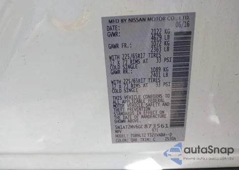 2016 Nissan Rogue Sv из США, поврежденный, VIN 5N1AT2MV6GC873561